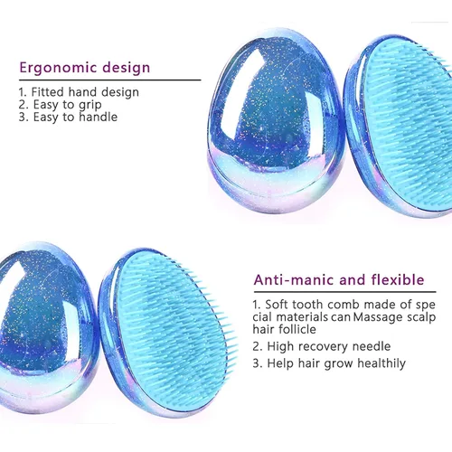 Miniatura 2 de Cepillo desenredante, cepillo de pelo portátil de viaje, forma de huevo con purpurina, nudos antiestáticos, cepillo desenredante de masaje con cojín