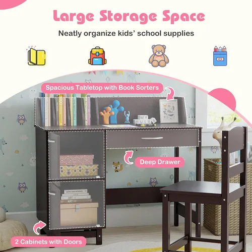Miniatura 3 de Costzon Juego de escritorio y silla para niños, escritorio de estudio de madera para estudiantes con aparador, cajón de almacenamiento y gabinetes