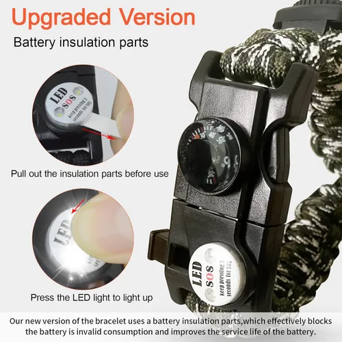 Miniatura 3 de Brazalete de paracord de supervivencia 20 en 1, kit de equipo ajustable con luz LED SOS, arrancador de fuego, brújula más grande, silbato de Camo