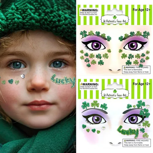Miniatura 3 de Ecuupas Día de San Patricio, gemas faciales para festivales de tréboles, trébol con purpurina verde, diseño de diamantes de imitación de ojos