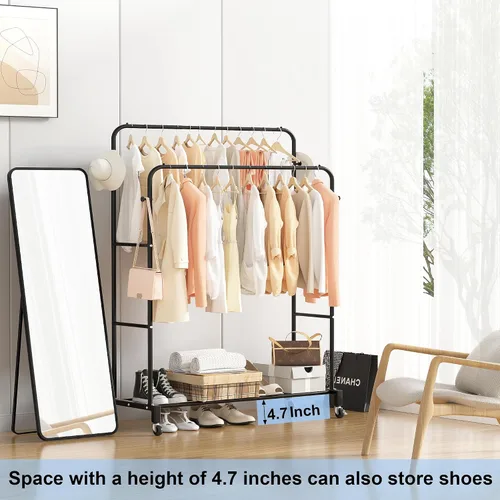 Miniatura 4 de Sooyee Perchero de doble barra con ruedas, perchero de 3 niveles para colgar ropa, perchero portátil con 4 ganchos para dormitorio, cuarto de Negro