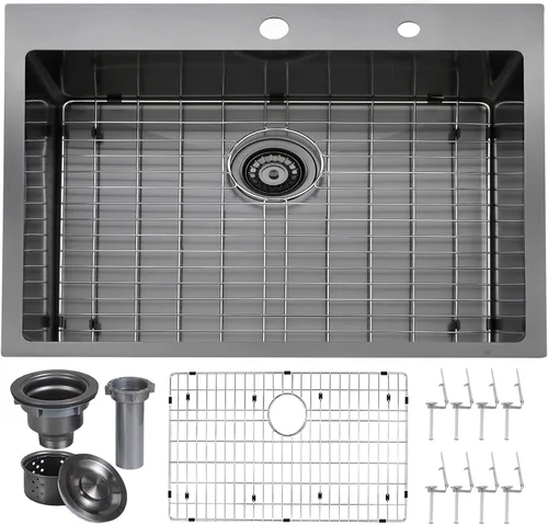VAPSINT Fregadero de cocina negro de 28 x 18 pulgadas, fregadero de cocina negro plomizo de 28 pulgadas, montaje superior, acero inoxidable extra