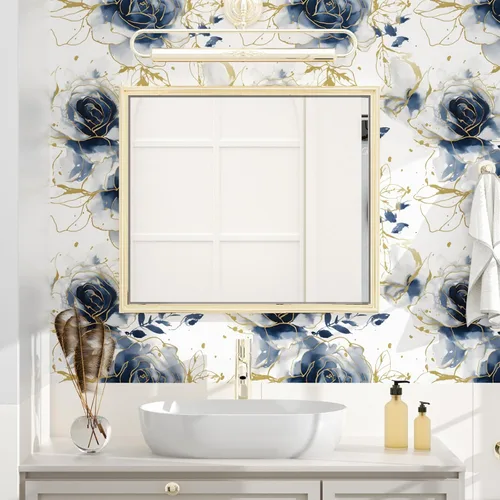 Miniatura 8 de Papel Tapiz Floral Blanco Despegar y Pegar Acuarela Azul/Dorado Flores Papel de Contacto Papel de Pared Moderno Impermeable Autoadhesivo