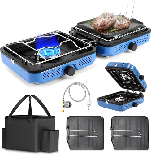 Hisencn Estufa de campamento, estufa de campamento de propano de 2 quemadores, plancha dual, estufa de propano portátil de 30,000 BTU con bolsa de