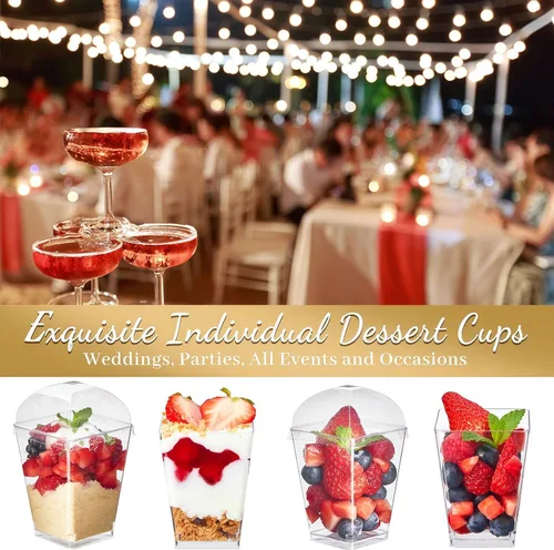 Miniatura 5 de TOFLEN Paquete de 100 tazas de postre de plástico de 5 onzas con tapas de cúpula para fiestas, mini tazas de postre con cucharas, taza disparadora