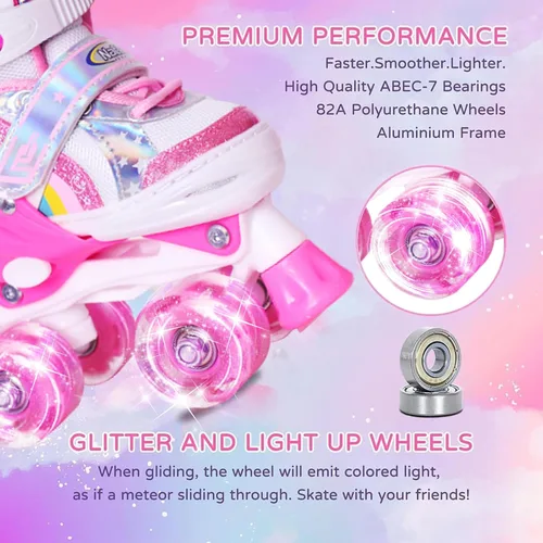 Miniatura 3 de Nattork - Patines de ruedas para niñas, patines cuádruples ajustables en 4 tallas con todas las ruedas iluminadas - El mejor regalo de cumpleaños