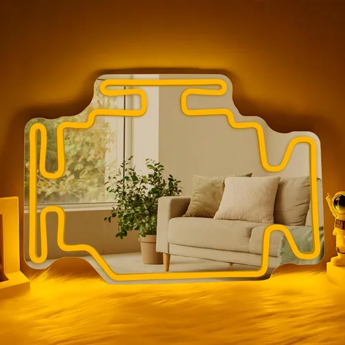Espejo de Neón con Luz Check Engine Regulable Letreros de Neón para Garaje para Cueva de Hombre Espejo de Pared Genial Decoración de Habitación