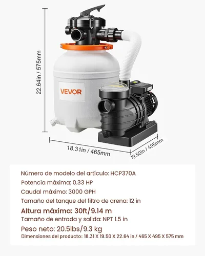 Miniatura 7 de VEVOR Bomba de filtro de arena de 12 pulgadas para piscinas sobre el suelo de hasta 15000 galones, sistema de filtración de piscina de 0.33 HP 3000
