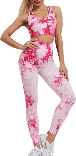 Miniatura 3 de YuMENo Conjuntos de entrenamiento de teñido anudado para mujer, 2 piezas, sin costuras, cintura alta, leggings de yoga con brasier deportivo, ropa