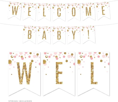 Andaz Press Colección de fiesta de baby shower de niña con purpurina de oro rosa rubor, pancarta colgante con cuerda, Welcome Baby!, 5 pies, 1 juego