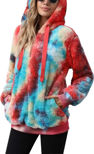 Miniatura 3 de Nirovien Sudadera Sherpa con capucha para mujer diseño de teñido anudado con doble forro polar mullida de gran tamaño a cuadros