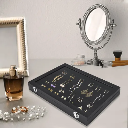 Miniatura 4 de Bandeja organizadora de aretes, bandeja de joyería con tapa, caja de almacenamiento de aretes y estuche de exhibición de joyas, mantén tus aretes