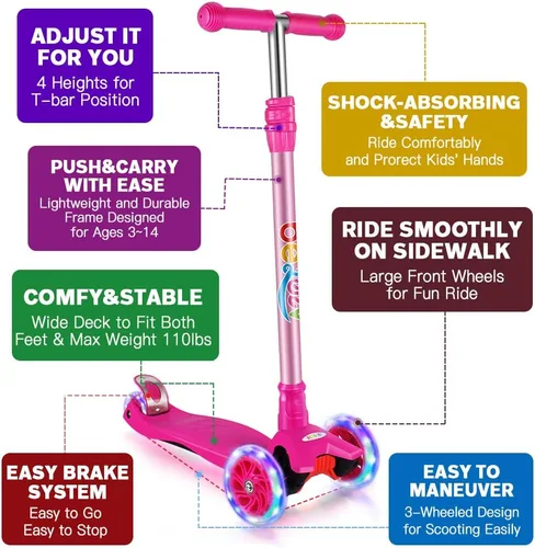 Miniatura 8 de BELEEV Patinetes para Niños de 3 Ruedas Patinete de Empuje para Niños Pequeños Niñas y Niños, 4 Alturas Ajustables, Inclinarse para Dirigir, Ruedas