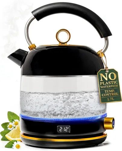 Miniatura 11 de Tetera eléctrica blanca con control de temperatura, caldera de agua caliente rápida de 1500 W y calentador - Hervidor eléctrico blanco y dorado