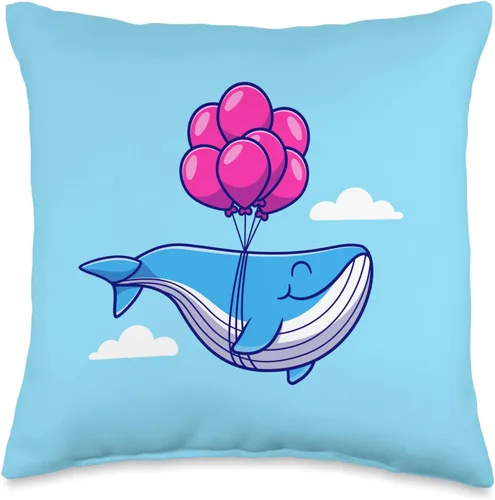 Whale Floating with Balloon Ocean Cute Blue Whales Cartoon Throw Pillow