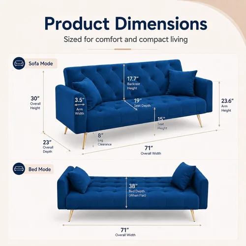 Miniatura 2 de Majnesvon Sofá cama plegable convertible de 71 pulgadas, moderno sofá biplaza de terciopelo con 2 almohadas, sofá cama futón con colchón y marco Azul
