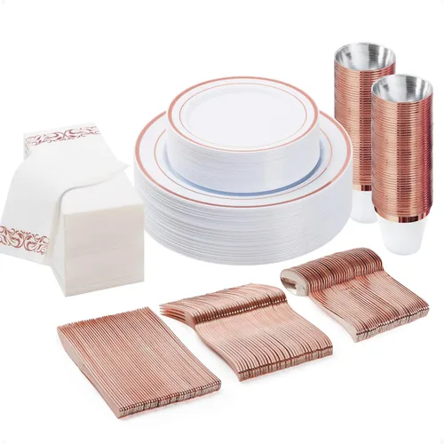 Miniatura 13 de BESTVIP Juego de vajilla desechable de 700 piezas en color dorado claro para 100 invitados, platos de plástico para fiesta, boda, Navidad, Incluye
