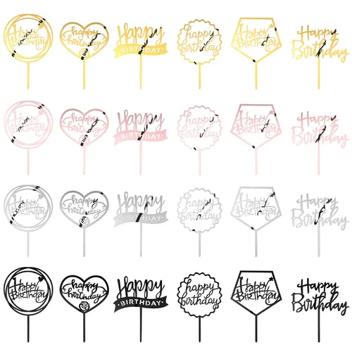 24 adornos acrílicos gruesos para tartas de cumpleaños con purpurina para fiestas de cumpleaños, pasteles, postres, pasteles, 6 estilos, 4 colores