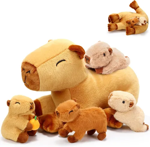 Peluches Capybara 5 en 1 con bebés en el interior, 15.75 pulgadas Capybara Mommy con 4 lindos bebés, almohada de felpa para niñas, niños, regalos de