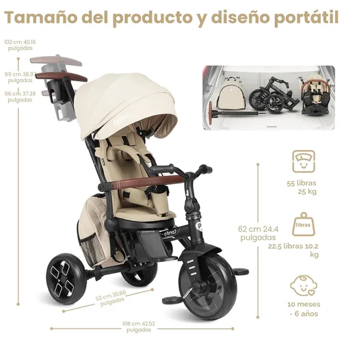 Miniatura 8 de QPlay Cochecito de bicicleta para bebés de 10 meses a 6 años de edad, cochecito plegable 8 en 1 para niños pequeños de 3 a 5 años, triciclo de Beige