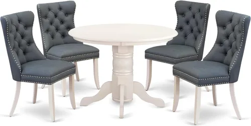 East West Furniture SHDA5-WHI-13 - Juego de cocina de 5 piezas, incluye una mesa de comedor redonda con pedestal y 4 sillas Parson tapizadas de tela