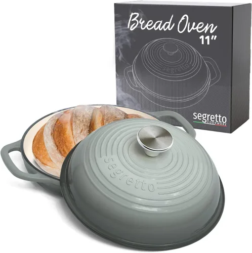 Pan de hierro fundido esmaltado con tapa, horno de pan Grigio Scuro de 11 pulgadas (gris) Horno de pan de hierro fundido para hornear masa madre,