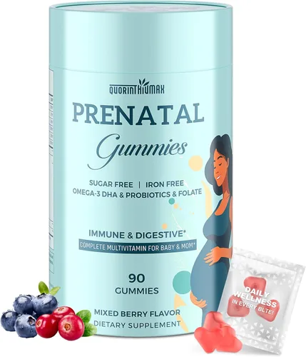 Quorinthiumax Gomitas prenatales sin azúcar, 90 unidades, vitaminas prenatales orgánicas para mujeres con folato, DHA y probióticos, gomitas de