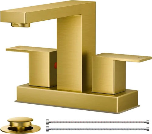 FORIOUS Juego central de grifo de baño dorado de 4 pulgadas, juego central de 2 manijas para lavabo de baño, dorado cepillado, 2 agujeros, con