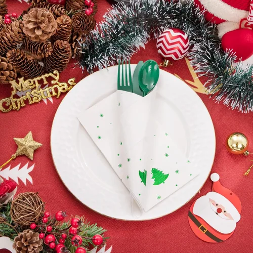 Miniatura 2 de WDF Paquete de 100 Servilletas Navideñas Verdes Desechables - Servilletas de Papel de Árbol de Navidad de 3 Capas, Servilletas Navideñas Verdes