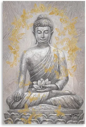Yidepot Lienzo decorativo de Buda para pared, lámina dorada: estatua zen con textura de flor de loto para budismo, decoración de pared, carteles