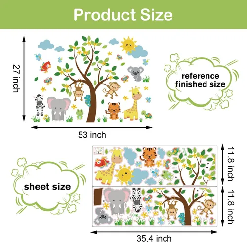 Miniatura 7 de Supzone Calcomanías de pared de animales de selva, diseño de mono, árbol, elefante, jirafa, tigre, calcomanía de pared para niños, niñas, niños