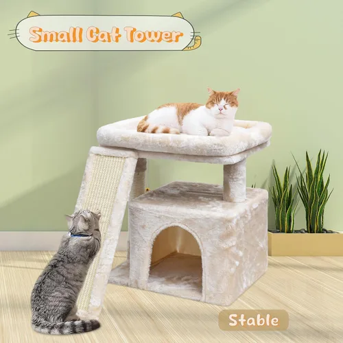 Miniatura 5 de Árbol pequeño para gatos de interior, torre para gatos con poste para arañar, percha y acogedor condominio para gatitos y mascotas adultas (beige)
