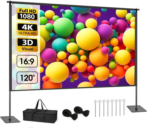 Pantalla de proyector para exteriores con soporte, kit de proyección portátil de 120 pulgadas, 16:9 4K HD, sin arrugas, pantalla de cine para