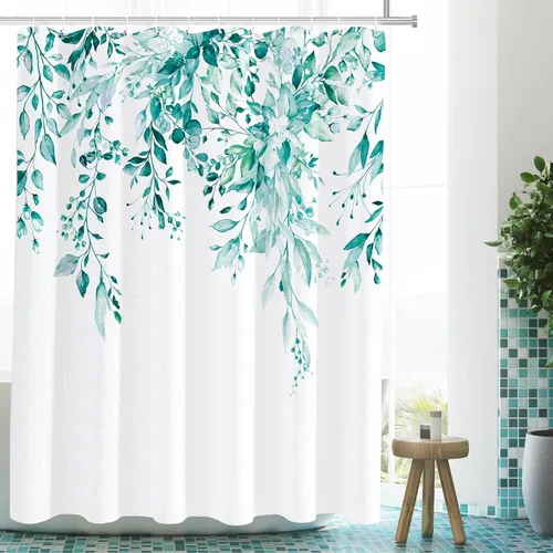 Miniatura 120 de Tititex Spun Sugar - Juego de cortinas de ducha de eucalipto azul claro, hojas de acuarela brillantes en la parte superior, decoración floral