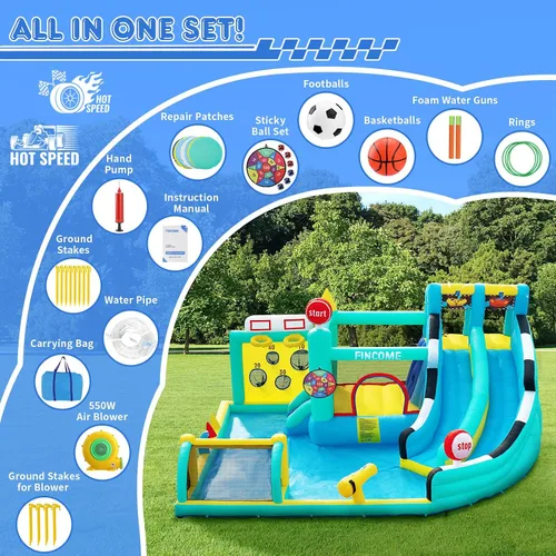 Miniatura 7 de FINCOME Bounce House - Tobogán doble para niños de 3 a 10 años, castillo de rebote grande con soplador de aire de 550 W, piscina, salto, escalada