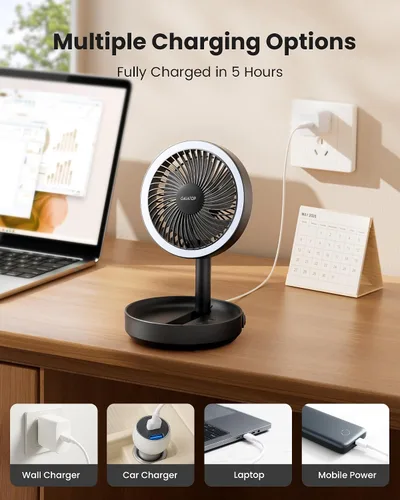 Miniatura 7 de Gaiatop Ventilador de escritorio pequeño plegable con luz nocturna LED, inalámbrico de 6000 mAh, ventilador portátil recargable por USB, para Negro