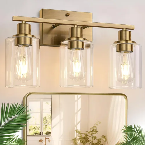 Indoi Lámparas de baño de 3 luces, luces de tocador de latón para baño con pantallas de vidrio transparente, modernos apliques de pared de baño para