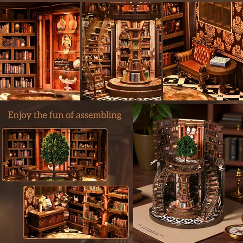 Miniatura 7 de Kit de rincón de libros en miniatura, rompecabezas de madera 3D, decoración de estantería de biblioteca con luces LED, modelo de casa pequeña