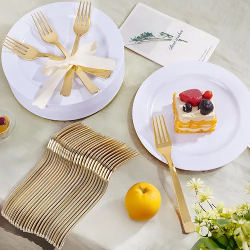 Miniatura 3 de WELLIFE 100 platos de postre de plástico blanco y 100 tenedores desechables dorados, plato duro de postre de alta calidad de 7.5 pulgadas, platos