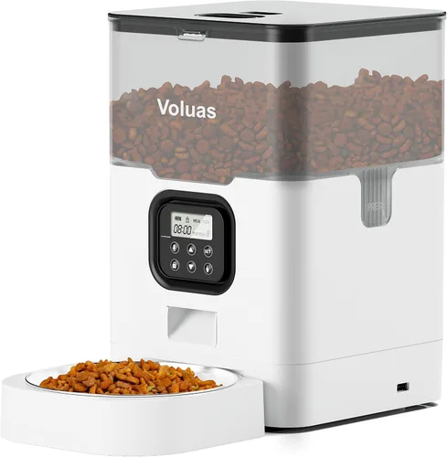 Miniatura 11 de VOLUAS Comederos automáticos para gatos, comedero cronometrado para mascotas para gatos y perros con dispensador de alimentos secos, bolsa blanco