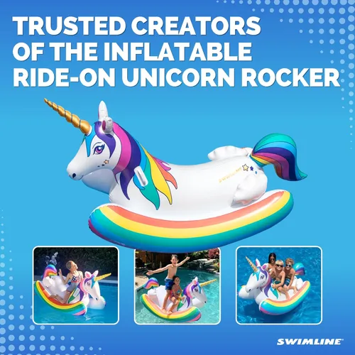 Miniatura 7 de SWIMLINE Juguete flotante original de unicornio arcoíris mecedora para piscina, con asas fáciles de agarrar y refuerzos laterales estabilizadores
