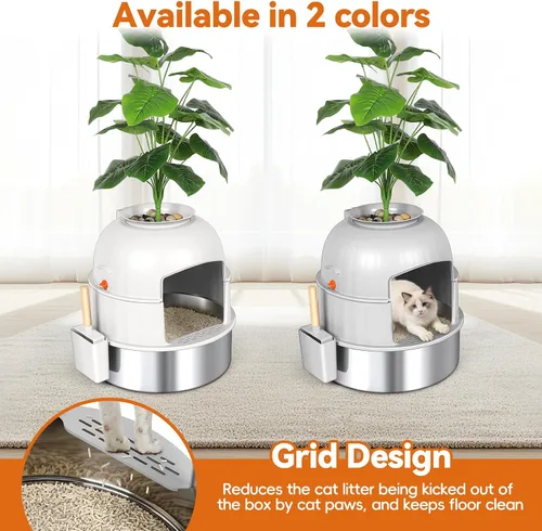 Miniatura 6 de Caja de arena oculta para gatos con planta artificial, muebles de acero inoxidable, maceta redonda decorativa incluye cuchara, guijarros, filtro