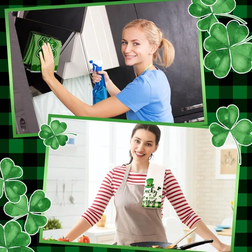 Miniatura 6 de Honoson 4 paños de cocina para el día de San Patricio, decoración de granja, tréboles de la suerte, gnomos, paños de cocina a cuadros, absorbentes