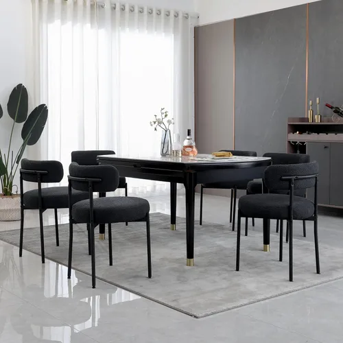Miniatura 11 de Juego de 2 sillas de comedor negras redondas tapizadas de bouclé para el comedor, sillas de cocina modernas de mediados de siglo con respaldo curvo