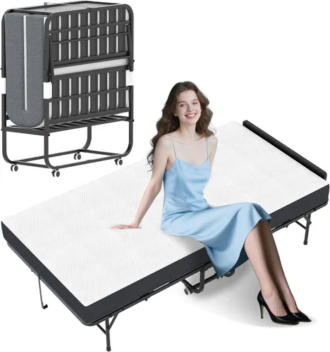 Miniatura 10 de Cama plegable, camas portátiles de 75 x 31 pulgadas para adultos, marco de metal resistente y resistente, cama plegable con ruedas