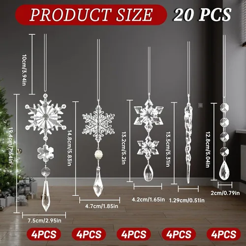 Miniatura 5 de 20 adornos de árbol de cristal, decoraciones de árbol de Navidad, adornos de cristal de copo de nieve, adorno de Navidad acrílico colgante, gota