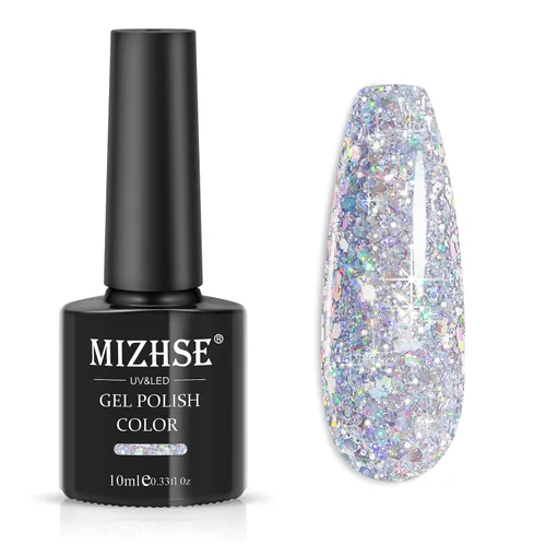 Miniatura 11 de MIZHSE Esmalte de uñas de gel con brillantina, esmalte de uñas de gel plateado brillante con diamantes, esmalte de gel reflectante con purpurina