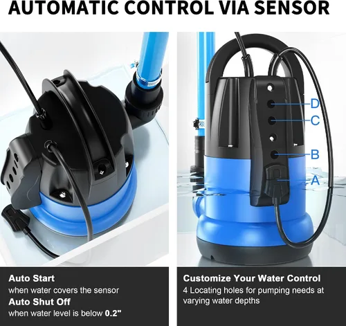 Miniatura 2 de FOTING Bomba de sumidero 1HP Bomba de agua sumergible limpia/sucia, 4600 GPH, bomba de agua termoplástica eléctrica de transferencia portátil