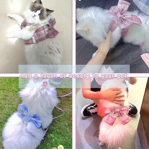 Miniatura 4 de Juego de Vestido a Cuadros para Perro con Corbatín, Arnés y Correa, Ropa para Perro Vestido de Arnés con Anilla para Correa para Perros Pequeños Rosa