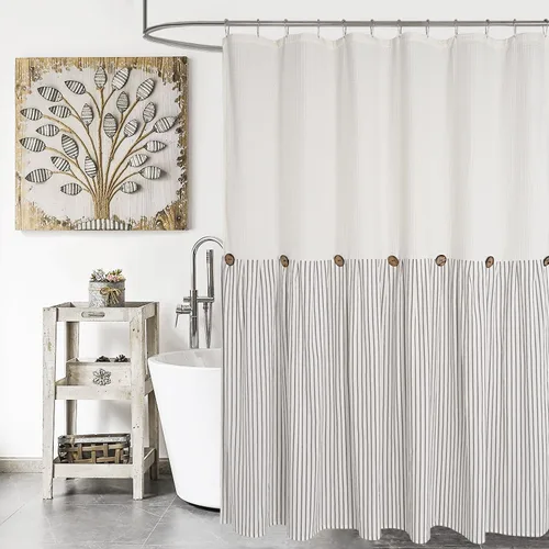 Miniatura 35 de DOSLY IDÉES Cortina de ducha de casa de campo, rayas beige y gris, cortina con botones, tela tejida de lino y algodón, estilo rústico con encanto